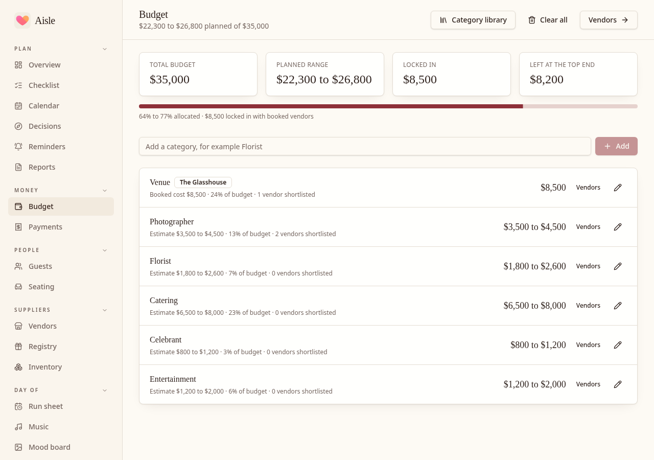 Vendor booking details with agreed cost and payment information